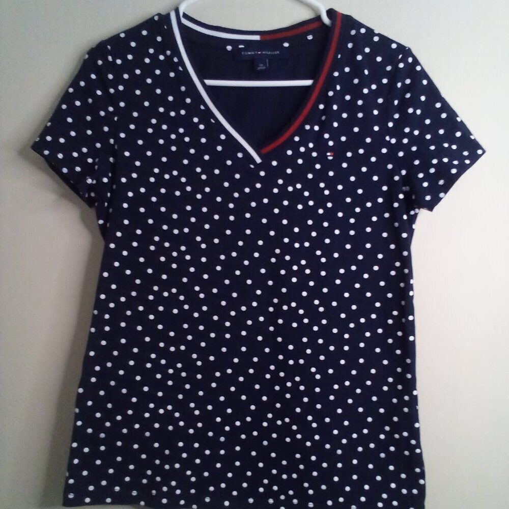Tommy Hilfiger Shirt Women S Short Sleeve V-Neck Polka Dot Blue White Red